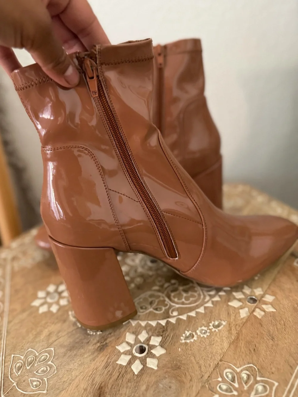 Patent Leather Mid-Heel Ankle Boots - Brown